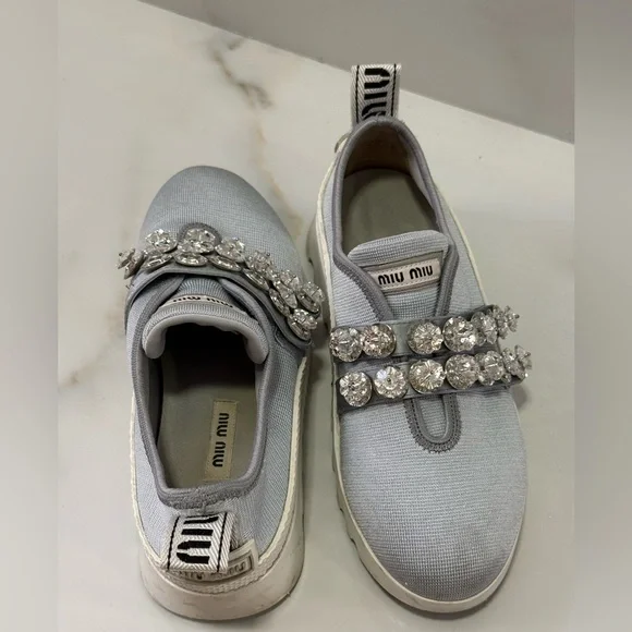 Miu Miu Grey Crystal Embellished Slip-On Sneakers Size 36.5 - Picture 7 of 14